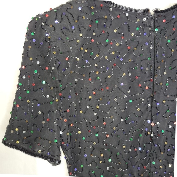 Vintage 80's ~ Denise Elle Black Sequin & Beaded Short Sleeve Evening Dress - Picture 3 of 8
